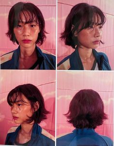 four pictures of a woman with short hair and blue shirt, in front of a pink wall