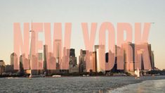 the new york city skyline is shown in pink