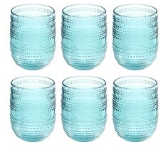 set of six blue glass tumblers on white background