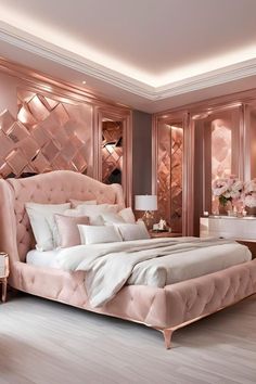 a large pink bed in a bedroom next to a dresser and table with flowers on it