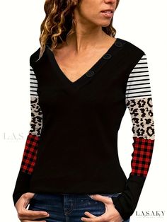 Lasaky - Chic Leopard Print Colorblock V-Neck Long Sleeve T-Shirt for Women, Perfect for Spring and Fall Wardrobe Casual V-neck Patchwork Top, Casual V-neck Color Block T-shirt, Casual Color Block V-neck T-shirt, White Spliced V-neck Tops, V-neck Spliced Top For Fall, V-neck Splicing Top For Fall, Fall V-neck Spliced Tops, Fall V-neck Top With Splicing Details, Red V-neck Color Block Tops