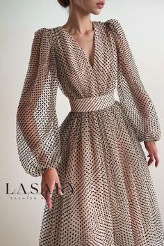 Lasaky - Elegant Polka Dot Maxi Dress with Flattering Ruffled Sleeves Puff Long Sleeve Dress, Chiffon Summer Dress, Maxi Dress Outfit, Puff Long Sleeves, Long Midi Dress, V Neck Midi Dress, Maxi Skirts, Midi Dress With Sleeves, Trend Fashion