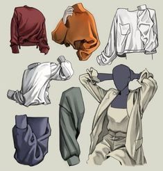 an image of clothes that are in different colors and shapes on a white background with text overlay