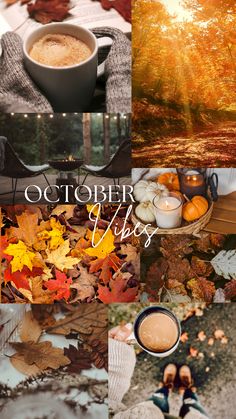 a collage of photos with autumn leaves and coffee