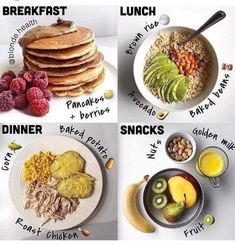 four pictures showing different foods that include pancakes, fruit, and nuts