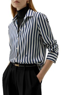 The contrast of classic bold stripes brings out the beauty of a vivid and standout look, showing a more premium fashion taste. The regular fit piece is perfect for "everyday" looks, great with pants and skirts for any work or casual occasions. 16 Momme printed silk twill Classic bold strip Regular Fit Vivid Linen, Fall Mood, Fall Wardrobe Essentials, Timeless Wardrobe, Stripe Silk, Bold Stripes, Silk Twill, Printed Silk, Toddler Girl Outfits