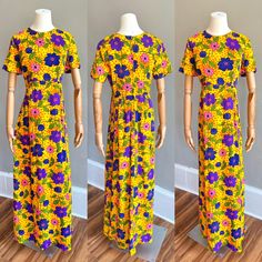 Super groovy flower power maxi dress by "Montgomery Ward". Amazing print and colorway, easy to wear statement dress. Short sleeved, 100% acrylic fabric. Back zipper closure. Excellent condition.  SIZE : no tag size , fits like a Large Bust : 38 - 40 Waist : 32 Bodice length from shoulder to waistline : 14 Hips : up to 44 Total length : 56 Shoulder to shoulder : approx 16 I aim to provide accurate descriptions and measurements. To best determine size, compare measurements to a similar garment you Vibrant Short Sleeve Maxi Dress With Floral Print, Hippie Style Short Sleeve Floral Maxi Dress, Retro Floral Print Floor-length Maxi Dress, Retro Multicolor Floral Print Maxi Dress, Multicolor Retro Maxi Dress With Floral Print, Retro Spring Maxi Dress With Vibrant Print, Retro Multicolor Maxi Dress With Vibrant Print, Retro Floral Print Maxi Dress, Multicolor Retro Print Maxi Dress For Spring