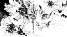 a black and white drawing of a cat with flowers in it's hair, looking at the camera