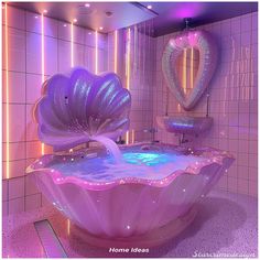 a bathroom with pink and purple lights on the walls, an ocean shaped bathtub in the center