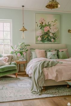 a bed room with a neatly made bed next to a chair and a painting on the wall