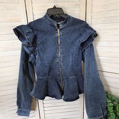 Fashion Nova Denim Peplum Jacket Nwt! Size: M Front Zipper, Ruffles At Top Of Sleeves, Peplum Bottom Brand New With Tags! Fall Denim Outerwear For Brunch, Casual Ruffle Denim Top For Fall, Casual Ruffled Denim Top For Fall, Trendy Ruffled Denim Top For Fall, Casual Fall Denim Top With Ruffles, Casual Fitted Outerwear With Ruffles, Casual Ruffled Denim Jacket For Fall, Trendy Ruffled Denim Jacket For Fall, Fall Denim Top With Ruffles