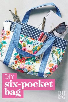 the diy six pocket tote bag is shown with sunglasses and pens in it