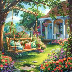 a painting of a porch swing in a garden with flowers and greenery surrounding it