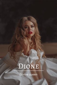 a woman sitting on top of a bed in a white dress with the words dione written