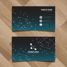 two business cards with lines and dots in the middle, on top of a wooden floor