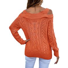 Rust Red Solid Cable Knit Cold Shoulder Sweater Orange Knitted Top For Fall, Orange Knitted Long Sleeve Tops, Orange V-neck Knit Sweater, Orange Long Sleeve Knitted Tops, Solid Open Knit Fall Sweater, Solid Open Knit Sweater For Fall, Fall Solid Color Open Knit Sweater, Orange Textured Knit Sweater, Orange Textured Knit Sweater For Winter