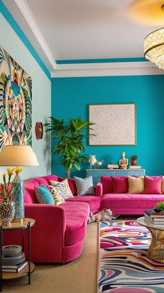 Art Deco Interior Blue And Green Eclectic Living Room, Maximalist Blue Living Room, Maximalist Decor Victorian, Aquamarine Living Room, Teal And Raspberry Living Room, Jewel Toned Living Room Ideas, Colorful Maximalist Office, Timothy Oulton Living Rooms, Bright Pink Living Room