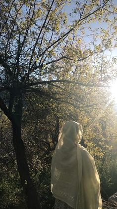 a person standing in front of a tree with the sun shining through it's leaves