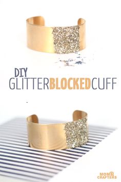 two gold cuff bracelets with glittered cuffs on top and below the text, diy glitter blocked cuff