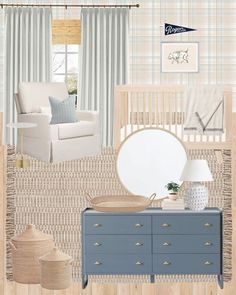 a baby's room with blue and white furniture, plaid wallpaper, striped drapes, wicker curtains, an oval mirror on a dresser