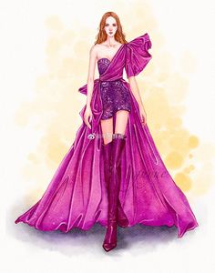 a drawing of a woman wearing a purple dress and thigh high boots with her hair pulled back