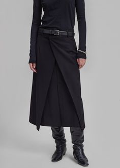 Andy Midi Wrap Skirt - Black – The Frankie Shop Maxi Skirt Style, Midi Wrap Skirt, Concept Clothing, The Frankie Shop, Pleated Long Skirt, Frankie Shop, Paris Street Style, Pocket Belt, Wide Leg Denim