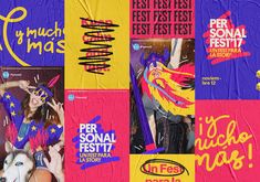 a collage of posters with the words festival and images in different colors on them