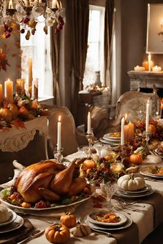 a large turkey sitting on top of a table next to candles and plates filled with food