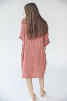 "DETAILS * Oversize linen dress let you feel super comfortable * If you want to wear this piece as closer-fitting, select a smaller size than you usually wear * Stylish look for all warm summer days * Made from soft wash medium weight (185 g) 100 % European linen fabric * Height of the model is 173 cm (5′ 8″) and she is wearing dress in size M/L and living coral color * Please choose another color and size on the right * Product number: D10 CARE LABEL * machine wash gentle (40 C/104 F) * dry gen Casual Linen Midi Dress For Loungewear, Casual Oversized Linen Dress, Oversized Casual Linen Dress, Casual Loose Fit Linen Dress, Oversized Linen Loungewear Dress, Oversized Linen Short Sleeve Dress, Oversized Linen Dress With Short Sleeves, Oversized Short Sleeve Linen Dress, Oversized Linen Casual Midi Dress