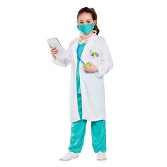 Product Highlights: The Child Hospital Doctors Fancy Dress Costume is the perfect outfit for aspiring young doctors. This charming costume combines the look of a traditional doctor's uniform with a fun and vibrant design. With its knee-length white coat, aqua-coloured top, matching trousers, and elasticated surgical mask, this costume from Wicked Costumes Ltd allows children to play the role of a doctor and engage in imaginative play, making it ideal for World Book Day, fancy dress parties, Halloween, role play, and more. What's Included: Knee-length white coat with collar and printed pocket design Attached aqua-coloured top Aqua-coloured trousers Elasticated surgical mask Costume Description: Charming Child Hospital Doctors Fancy Dress Costume Combination of traditional doctor's uniform a Surgeon Uniform, Doctor Fancy Dress, Kids Lab Coat, Mad Scientist Costume, Scientist Costume, Surgeon Scrubs, Wicked Costumes, White Lab Coat, Fancy Dress Halloween Costumes