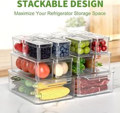 stackable storage containers filled with fresh fruits and vegetables