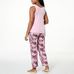 Hue 3-piece Topper, Tank and Pant PJ Set  Soft-as-a-dream, timeless soft knit fabric and beautiful prints come together in this cozy-chic pajama set, creating the ultimate lounging experience. Casual Sleeveless Daywear Sets, Casual Sleeveless Lounging Sets, Feminine Sleeveless Cotton Sets, Casual Floral Print Sets With Long Pants, Pink Printed Sleeveless Set, Casual Pink Sets For Daywear, Sleeveless Printed Sets For Loungewear, Feminine Stretch Cotton Sleepwear, Printed Sleeveless Loungewear Sets