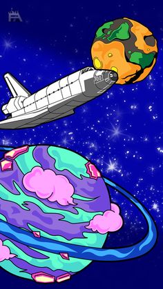 an illustration of a space shuttle flying over the earth in outer space with clouds and stars