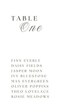 the table one menu is shown in black and white, with an elegant calligraphy font