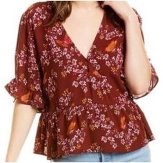 Madewell Burgundy Red Multicolor Floral Butterfly Print Wrap Front Top, Size 8 Butterfly & Floral Print Top Base Color Is Burgundy Red With Floral & Butterfly Print In Yellow, Pink & White. Wrap Front Has Snap Button At V-Neck & Fabric Button At Waist Closes With Loop. Mid Length Sleeves With Ruffled Ends That Tie Into A Bow & Creates A Peekaboo Effect Peplum Style Ruffle Hemline Boho 100% Viscose New With Tags. Stock Photos May Vary From Actual Item. Approximate Measurements: Length: 22” Chest: Burgundy V-neck Top For Summer, Burgundy V-neck Blouse For Summer, Red Floral Print V-neck Top, Red V-neck Floral Print Top, Summer Burgundy V-neck Top, Burgundy V-neck Summer Top, Burgundy Short Sleeve Tops For Spring, Casual Burgundy Tops For Day Out, Casual Burgundy Blouse For Spring