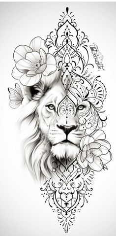 Thigh Lion Tattoos Women, Woman Lion Tattoo, Delicate Lion Tattoo, Elephant And Lion Tattoo Ideas, Geometric Lion Tattoo Design, Lion Tattoos For Men, Lion Sleeve Tattoo Woman, Lion Flower Tattoo, Animal Portrait Tattoos