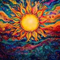 a painting of a sun that is in the middle of some water and has swirls on it