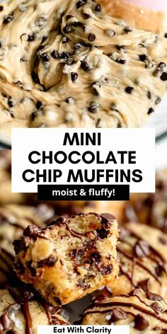 mini chocolate chip muffins stacked on top of each other with text overlay