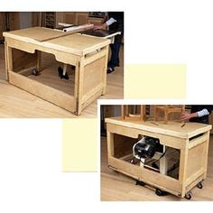 two pictures of a workbench with tools in it and one showing the table being built