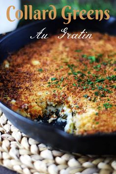 a close up of a casserole in a pan on a woven place mat