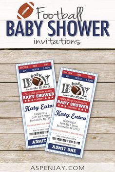 two football baby shower tickets with the words, football baby shower in red and blue