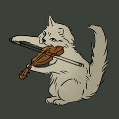 a white cat holding a violin in its paws and playing the violin on it's hind legs