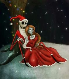 a skeleton dressed as santa claus sitting next to a woman in a red dress