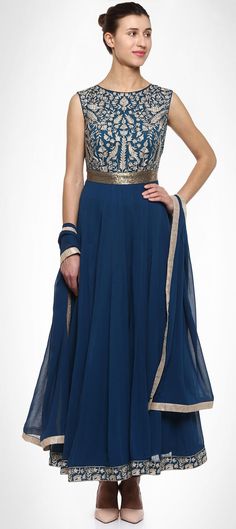 Faux Georgette Reception Salwar Kameez in Blue with Zari work Blue Anarkali Gown With Zari Work, Blue Embroidered Gown For Diwali, Blue Semi-stitched Georgette Gown, Semi-stitched Blue Georgette Gown, Blue Semi-stitched Churidar With Resham Embroidery, Elegant Blue Traditional Wear For Party, Elegant Blue Traditional Party Wear, Elegant Blue Party Traditional Wear, Blue Floor-length Salwar Kameez In Georgette