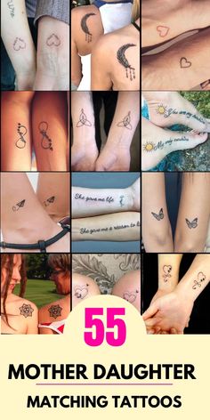 a collage of photos with different tattoos on their arms and legs, including the words'50 mother daughter matching tattoos '