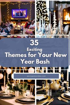 a collage of photos with the words 35 exciting themes for your new year bash