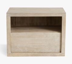 a small wooden shelf with one drawer open