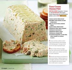 an advertisement for tuna cream cheese platter with bread and crackers on the side