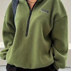 Lasaky - Womens Plus Size High Neck Fleece Sweatshirt with Zipper and Letter Patch, Ideal for Your Basic Wardrobe Collection Womens Half Zip Pullover, Fuzzy Pullover, Collared Sweatshirt, Fall Fits, Half Zip Pullover, Winter Fits, Green Fashion, Fit Check, Outfits Casuales