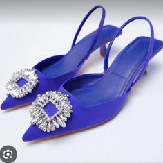 Zara Shimmery Mid-Heel Slingback Heels In Blue Pointy Toe Rhinestone Embellishments Square Back Slingback 2" Heel European Size 41 Diamond Shoes, Rhinestone Wedding Shoes, Sandals 2023, Summer Pumps, Sparkly Sandals, Blue High Heels, Zara Heels, Wedding Shoes Bride, Mid Heels Pumps